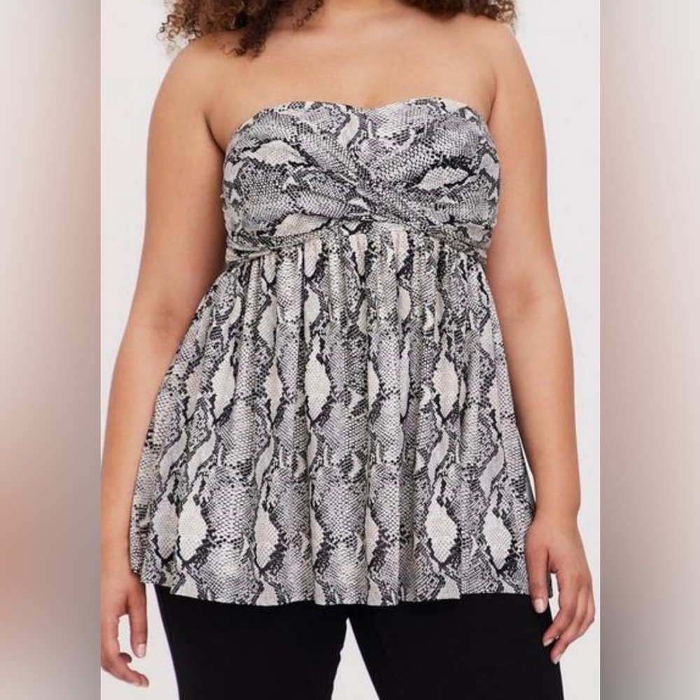 Mesh strapless twisted babydoll tunic top from Torrid